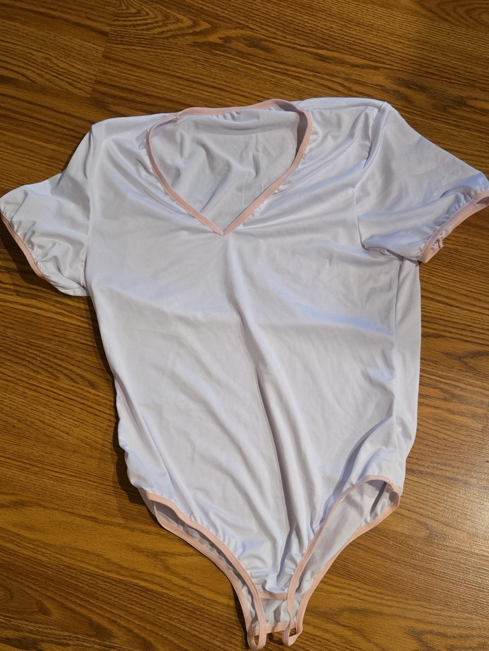 White Short Sleeve Bodysuit with Pale Pink Trim Crotchless (Never Worn)